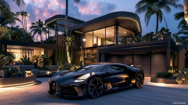 A luxury cool car parked in front of a modern mansion.