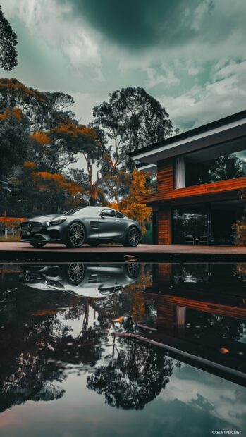 A luxury cool car parked in front of a modern mansion, phone wallpaper.