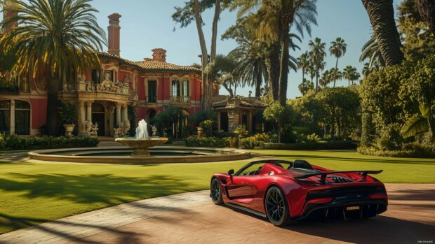 A luxury sports car parked in front of an elegant mansion, Car PC HD Wallpaper.