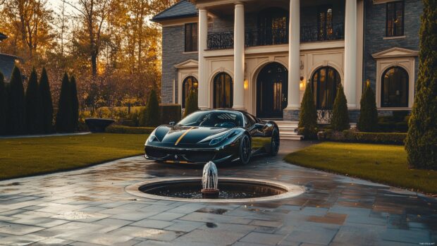 A luxury sports car parked in front of an elegant mansion, with manicured lawns and fountains,.