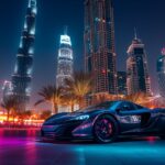 A luxury supercar parked in front of a modern skyscraper.