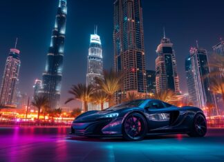 A luxury supercar parked in front of a modern skyscraper.