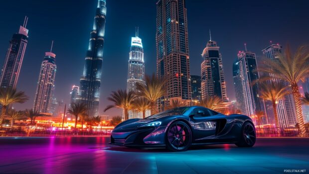 A luxury supercar parked in front of a modern skyscraper.