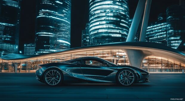 A luxury supercar parked in front of a modern skyscraper, HD Car Wallpaper for desktop.