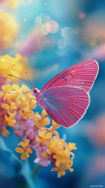 A macro shot of a pink butterfly delicately sipping nectar from a vibrant blossom.