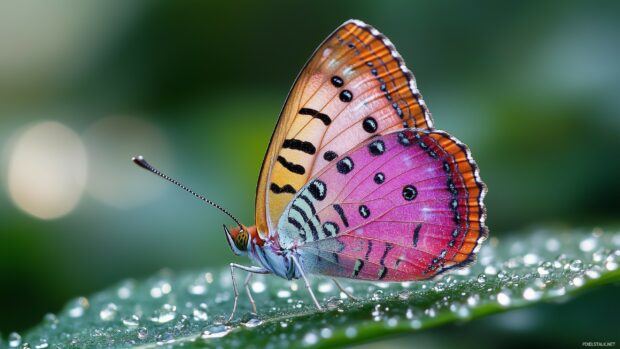 A macro shot of a pink butterfly perched on a dewy leaf.