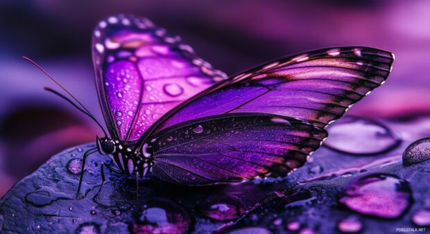 A macro shot of a purple butterfly perched on a dewy leaf, with the morning light illuminating its iridescent wings.