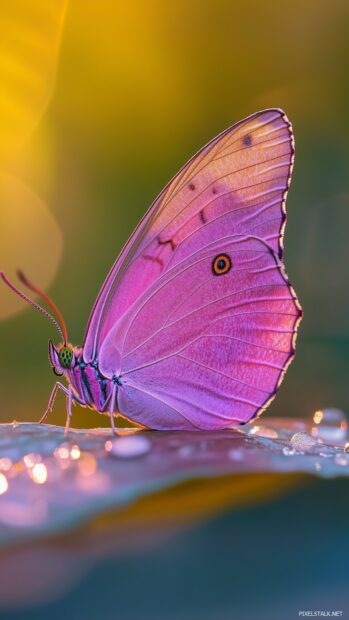 A macro shot of a purple butterfly resting on a dewy leaf.