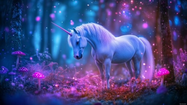 A magical 3D fairy tale forest with glowing mushrooms, gentle unicorns, and twinkling lights.