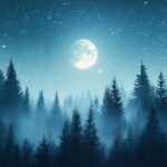 A magical night scene with the moon glowing softly above a misty forest, stars twinkling faintly in the background.