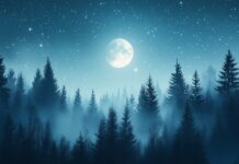 A magical night scene with the moon glowing softly above a misty forest, stars twinkling faintly in the background.