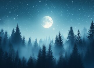 A magical night scene with the moon glowing softly above a misty forest, stars twinkling faintly in the background.