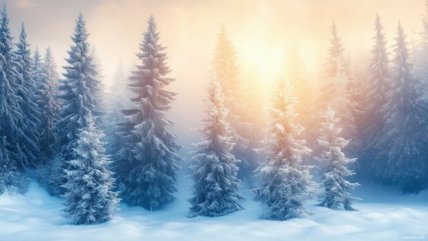 A magical winter Forest Wallpaper HD with snow laden pines and a soft.