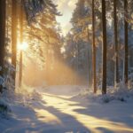 A magical winter forest 4k wallpaper with snow laden pines and a soft, ethereal glow from the winter sun, creating a serene and enchanting winter scene.