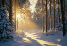 A magical winter forest 4k wallpaper with snow laden pines and a soft, ethereal glow from the winter sun, creating a serene and enchanting winter scene.