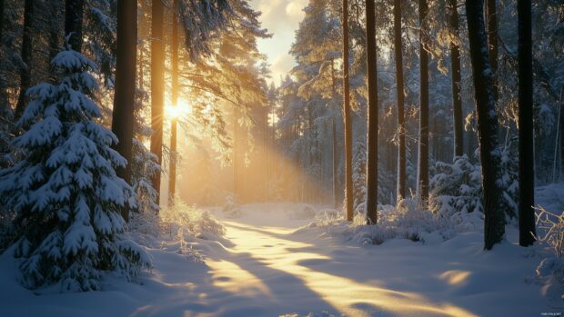 A magical winter forest 4k wallpaper with snow laden pines and a soft, ethereal glow from the winter sun, creating a serene and enchanting winter scene.