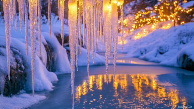 A magical winter scene with Christmas lights reflecting off icicles and snow, creating a serene and festive atmosphere.