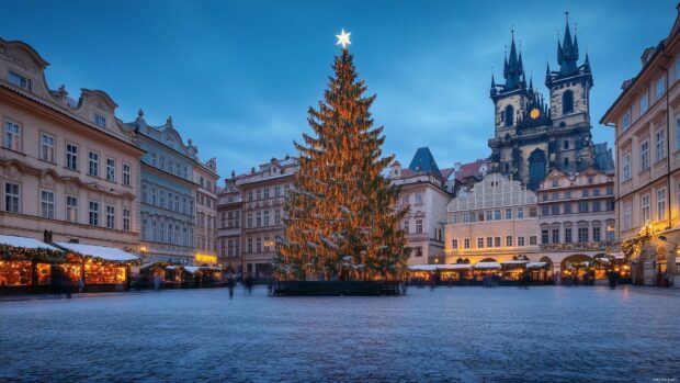 A majestic Christmas tree in a grand public square.