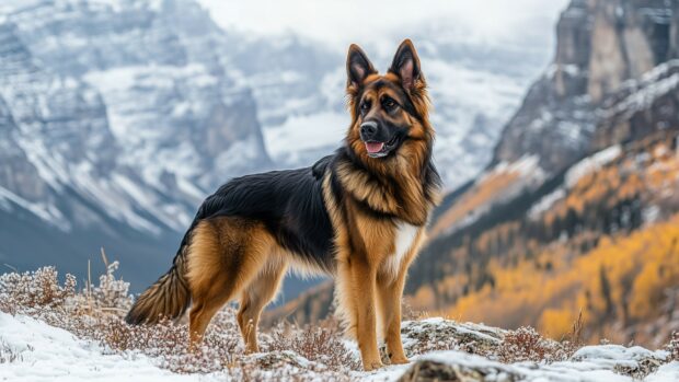 A majestic German Shepherd standing proudly in front of a mountain backdrop.