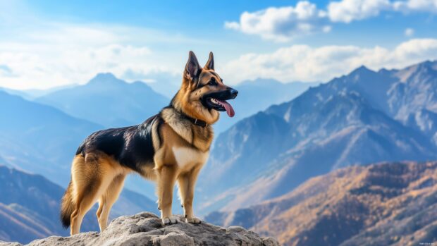 A majestic German Shepherd standing proudly in front of a mountain backdrop.