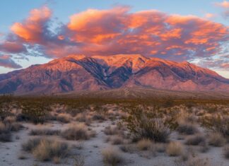 A majestic Mountain range glowing under the fiery hues of a sunset sky.