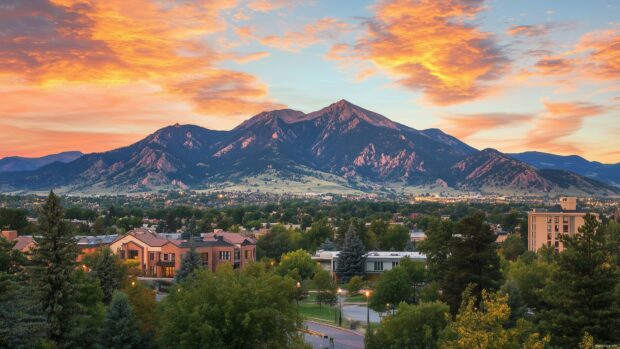 A majestic Mountain range glowing under the fiery hues of a sunset sky, with scattered clouds reflecting vibrant orange and pink tones.