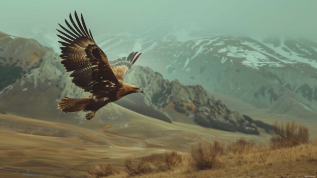 A majestic eagle soaring over a picturesque mountain range, 4K desktop wallpaper HD.