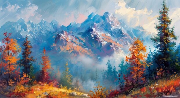 A majestic mountain landscape in autumn, with colorful trees.