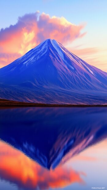 A majestic mountain reflected in a calm lake under a vibrant twilight sky.