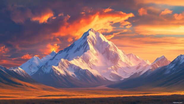 A majestic snow capped Mountain under a vibrant sunrise with golden rays reflecting on the peaks.