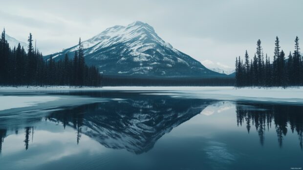 A majestic snowy mountain reflecting on a partially frozen alpine lake.