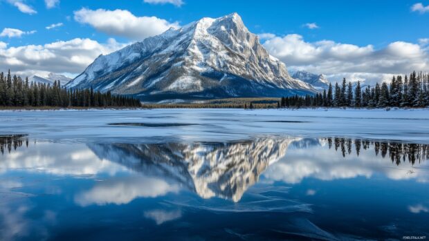 A majestic snowy mountain reflecting on a partially frozen alpine lake.