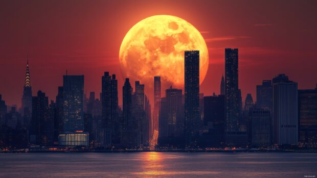 A massive moon appearing close to the horizon over a city skyline, with skyscrapers silhouetted against its bright light.