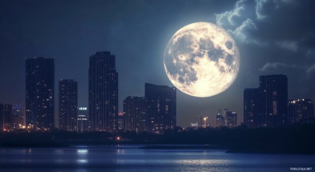 A massive moon appearing close to the horizon over a city skyline, with skyscrapers silhouetted against its bright light.