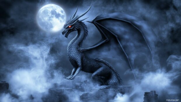 A medieval dragon with dark scales perched on ancient ruins under a full moon, with glowing red eyes and smoke curling from its nostrils.