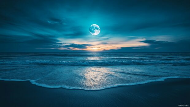 A mesmerizing Blue Moon glowing softly above a tranquil ocean, with its cool blue light reflecting off the water.