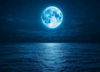 A mesmerizing Blue Moon glowing softly above a tranquil ocean, with its cool blue light reflecting off the water and creating a serene, moonlit seascape.