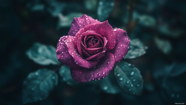 A mesmerizing close up of a purple rose with dew drops glistening on its petals, set against a soft focus background of muted greens.