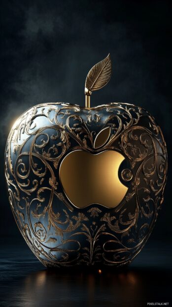 A metallic 3D Apple Logo with intricate engravings, set against a dramatic dark backdrop.