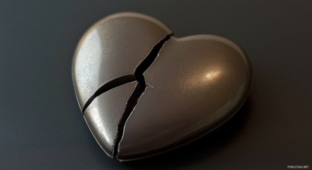 A metallic broken 3D heart with a visible crack down the middle on a flat black background.