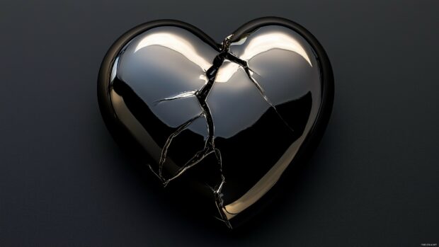 A metallic broken heart desktop wallpaper with a visible crack down the middle on a flat black background.