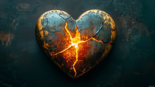 A metallic broken heart with a visible crack down the middle on a flat black background.