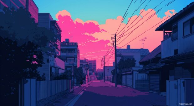 A minimal anime city with a few iconic buildings and a simple, colorful sky.