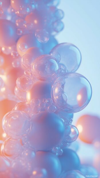 A minimalist 3D design featuring a cluster of smooth, transparent bubbles gently floating in a soft, gradient space, creating a calm and elegant effect.