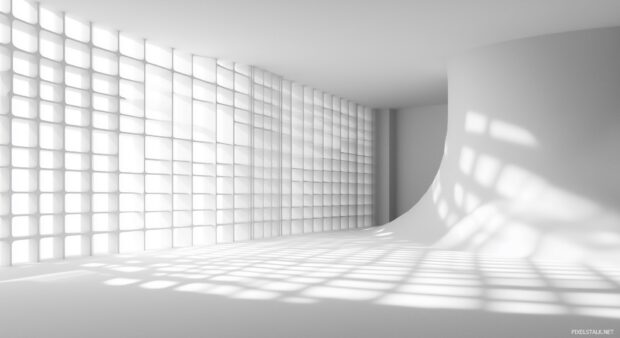 A minimalist 3D grid with floating transparent cubes, creating a simple yet elegant interplay of light and shadow.