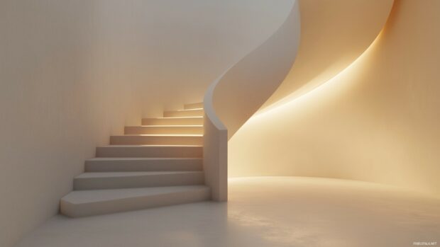 A minimalist 3D spiral staircase with smooth surfaces, elegantly twisting upward in a clean, open space.