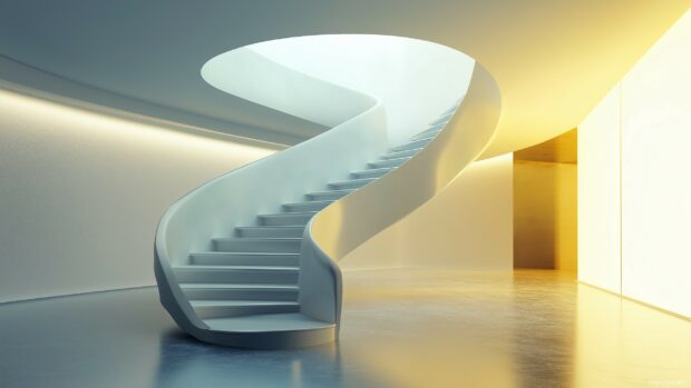 A minimalist 3D spiral staircase with smooth surfaces, elegantly twisting upward in a clean, open space, illuminated by soft lighting.