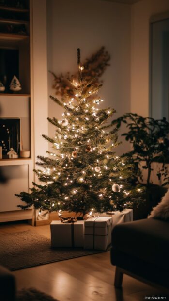 A minimalist Christmas tree phone wallpaper with white lights and simple decorations, set in a modern, sleek interior.