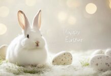 A minimalist Easter Bunny wallpaper with Happy Easter elegantly placed at the center, surrounded by soft light, gentle hues, and delicate Easter decorations.