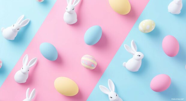 A minimalist Easter Desktop Wallpaper featuring tiny, pastel bunny silhouettes and colorful eggs arranged in a geometric tile design, clean vector art style.